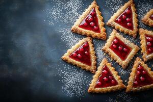 Homemade triangular hamantaschen cookies filled with red fruit preserves and dusted with powdered sugar, arranged on a dark background for purim copy space photo