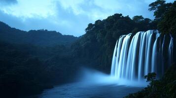 Scenic waterfall hidden paradise concept. Serene waterfall cascading through lush green landscape at twilight. photo