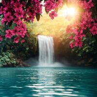 Scenic waterfall hidden paradise concept. A serene waterfall surrounded by vibrant flowers and lush greenery. photo