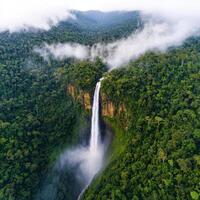 Scenic waterfall hidden paradise concept. Majestic waterfall cascading through lush green rainforest landscape. photo