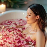 Relaxing spa self-care day concept. Relaxing woman in a bath with rose petals and soft candlelight ambiance. photo