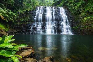 Scenic waterfall hidden paradise concept. Lush waterfall cascading into a tranquil pool surrounded by greenery. photo