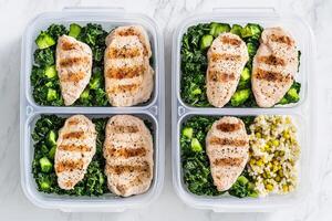 Healthy meal prep inspiration concept. Healthy meal prep with grilled chicken, kale, and quinoa in clear containers. photo