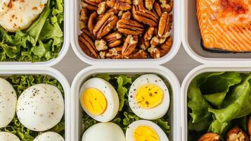 Healthy meal prep inspiration concept. Healthy meal prep with salmon, eggs, pecans, and leafy greens in organized containers. photo
