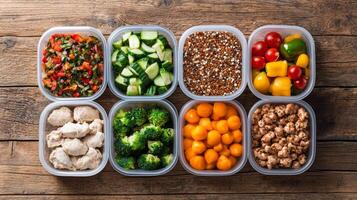Healthy meal prep inspiration concept. Colorful meal prep containers arranged on a wooden surface with various healthy foods. photo
