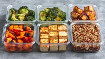 Healthy meal prep inspiration concept. Healthy meal prep in clear containers featuring vegetables, tofu, and grains. photo