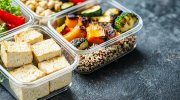Healthy meal prep inspiration concept. Healthy meal prep with tofu, quinoa, and assorted vegetables in clear containers. photo