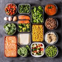 Healthy meal prep inspiration concept. Meal prep containers filled with fresh vegetables, grains, and protein on a dark background. photo