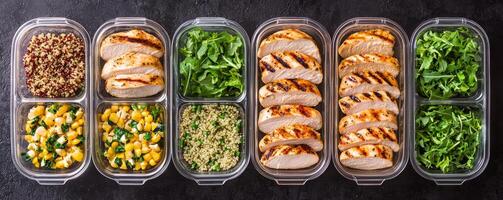 Healthy meal prep inspiration concept. Meal prep containers filled with healthy grains, chicken, and greens on a dark background. photo