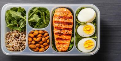 Healthy meal prep inspiration concept. Healthy meal prep box featuring grilled salmon, greens, quinoa, nuts, and boiled eggs. photo