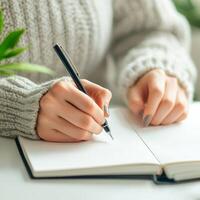 Achieving life goals determination concept. Cozy hands writing in a notebook surrounded by greenery, conveying creativity and relaxation. photo