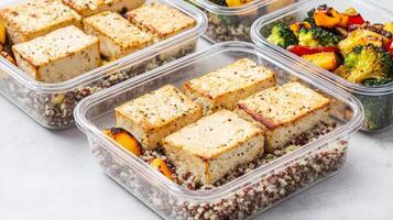 Healthy meal prep inspiration concept. Healthy meal prep containers filled with tofu and vegetables on a light background. photo