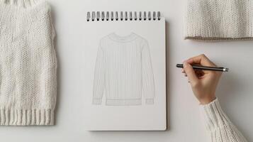 Ethical fashion sustainable materials concept. Sketching a design with cozy knitwear in a serene workspace. photo