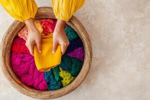 Ethical fashion sustainable materials concept. Vibrant textiles being arranged in a woven basket, showcasing a variety of colors. photo