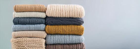 Ethical fashion sustainable materials concept. A stack of cozy knitted sweaters in various colors against a neutral background. photo