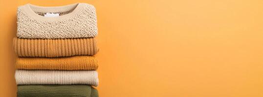 Ethical fashion sustainable materials concept. Stack of cozy knitted sweaters in warm autumn colors against a vibrant orange background. photo