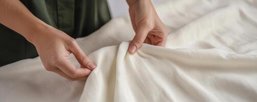 Ethical fashion sustainable materials concept. Hands adjusting a textured fabric on a surface, emphasizing craftsmanship and detail. photo