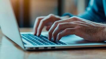 Digital transformation e-learning courses concept. Person typing on a laptop, showcasing hands and workspace in a cozy environment. photo