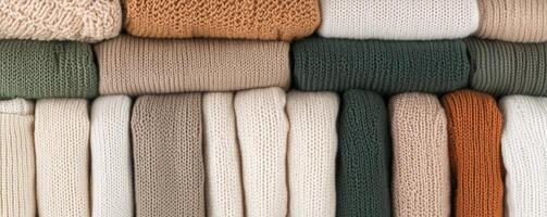 Ethical fashion sustainable materials concept. Textured fabric rolls in various earthy colors stacked neatly together. photo