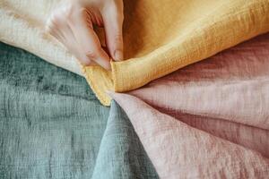 Ethical fashion sustainable materials concept. A hand touches colorful textured fabrics in a warm, inviting arrangement. photo