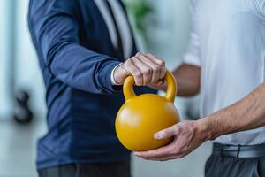 Personal trainer coaching client concept. Two people exchanging a kettlebell in a fitness setting. photo