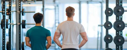 Personal trainer coaching client concept. Two men in a gym looking at weights, focusing on fitness and strength training. photo