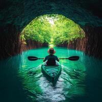 Exploring nature hidden gem concept. A person kayaking through a lush, green tunnel of trees over clear water. photo