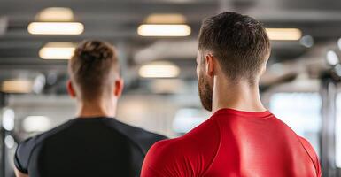 Personal trainer coaching client concept. Two men in athletic wear, facing away in a gym setting, focused on their workout. photo