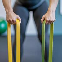 Personal trainer coaching client concept. Person using resistance bands for exercise, showcasing fitness and strength training. photo