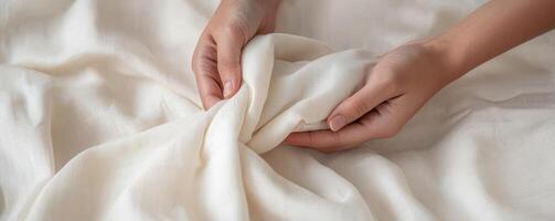 Ethical fashion sustainable materials concept. Soft hands gently touch a textured beige fabric, creating a cozy and inviting atmosphere. photo