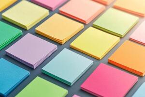 Startup brainstorming session concept. Colorful sticky notes arranged neatly on a surface, ideal for organization and brainstorming. photo
