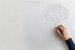 Startup brainstorming session concept. Person sketching a brain illustration on a blank paper surface. photo
