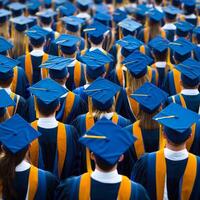 Graduation celebration throwing caps concept. Graduates in caps and gowns celebrating their achievement at a commencement ceremony. photo
