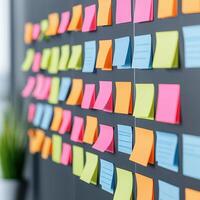 Project management coordination concept. Colorful sticky notes arranged on a wall, representing ideas and collaboration in a workspace. photo