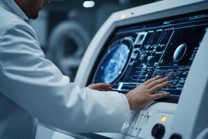 Physics astronomy telescope concept. Medical professional interacting with a high-tech digital display in a modern facility. photo