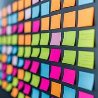 Project management coordination concept. Colorful sticky notes arranged on a black board in various patterns and colors. photo