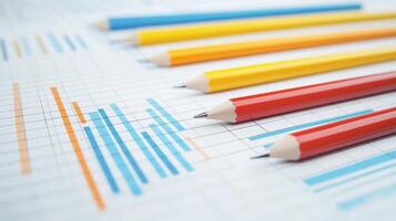 Project management coordination concept. Colorful pencils arranged over a printed graph on a table for creative analysis and planning. photo