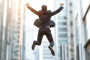 Inspirational success story motivation concept. A businessman joyfully leaps between skyscrapers, capturing a moment of freedom and success. photo