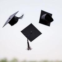 Graduation celebration throwing caps concept. Graduation caps are tossed in the air, symbolizing achievement and celebration. photo