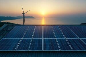 Sustainable and renewable business. Solar panels on a roof with a wind turbine and sunset over the water. photo