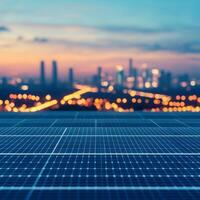 Sustainable and renewable business. Urban skyline at dusk with solar panels in the foreground, showcasing modern energy solutions. photo