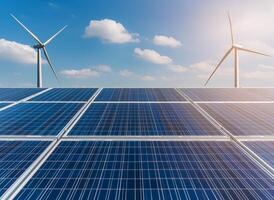 Sustainable and renewable business. Solar panels and wind turbines under a clear blue sky symbolize renewable energy and sustainability. photo