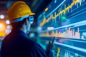 Project management execution concept. Professional in hard hat analyzing data on a digital screen with graphs and statistics. photo
