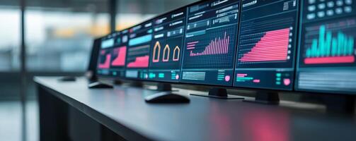 Project management coordination concept. High-tech monitors displaying data analytics and financial graphs in a modern workspace. photo