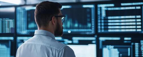 Data analytics and machine learning. Professional monitoring of data analytics on multiple screens in a modern workspace. photo
