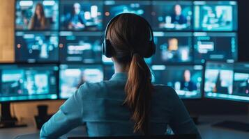 hybrid workplace digital productivity concept Woman with headphones monitors multiple screens in a tech environment. photo