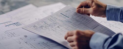 Project management execution concept. Hands examining printed documents on a desk, suggesting analysis or research work. photo