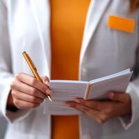 Female professional attending seminar. A person in a lab coat writing notes in a notebook with a pen. photo