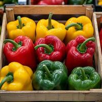 Bell peppers in grocery market display. Colorful bell peppers arranged in a wooden crate at a market. photo