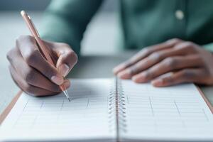 Management efficiency and goal-setting concept. A person writing in a notebook with a pen, focused on their task. photo